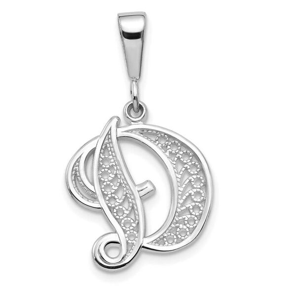 14k White Gold Maci Collection LG Filigree Script Initial D Pendant